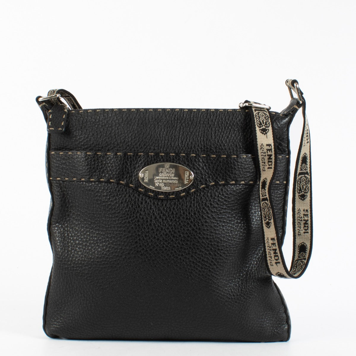 Fendi Black Selleria crossbody bag in grained leather with stitched details and fabric strap at Labellov.com