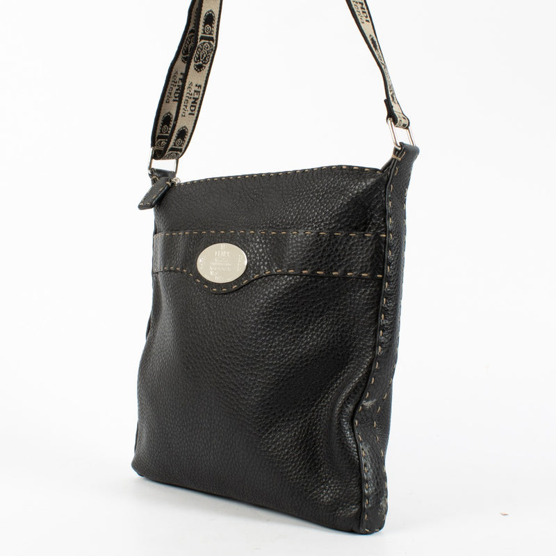 Fendi Black Selleria crossbody bag in grained leather with stitched details and fabric strap at Labellov.com