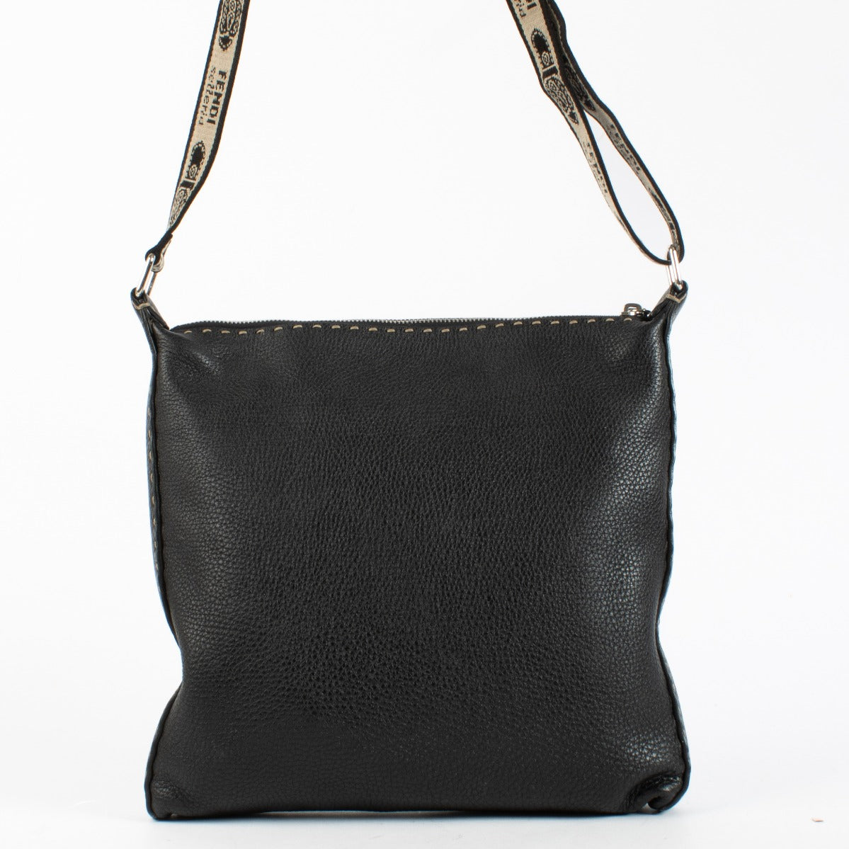 Fendi Black Selleria crossbody bag in grained leather with stitched details and fabric strap at Labellov.com