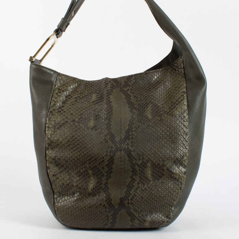 Gucci Greenwich Hobo python shoulder bag in green leather with canvas interior at Labellov.com