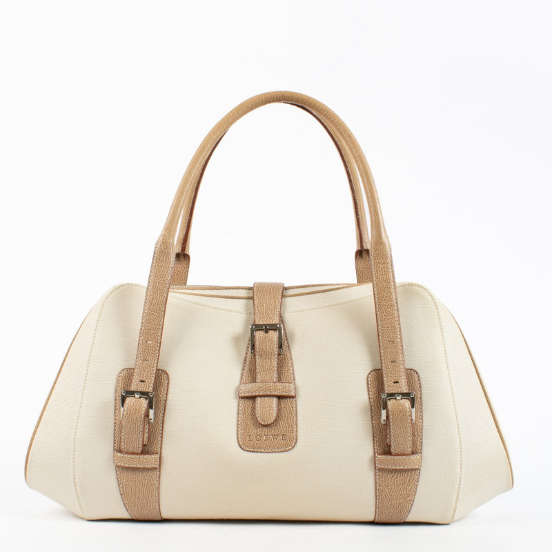 Loewe ecru canvas and leather vintage satchel bag with top handle at Labellov.com