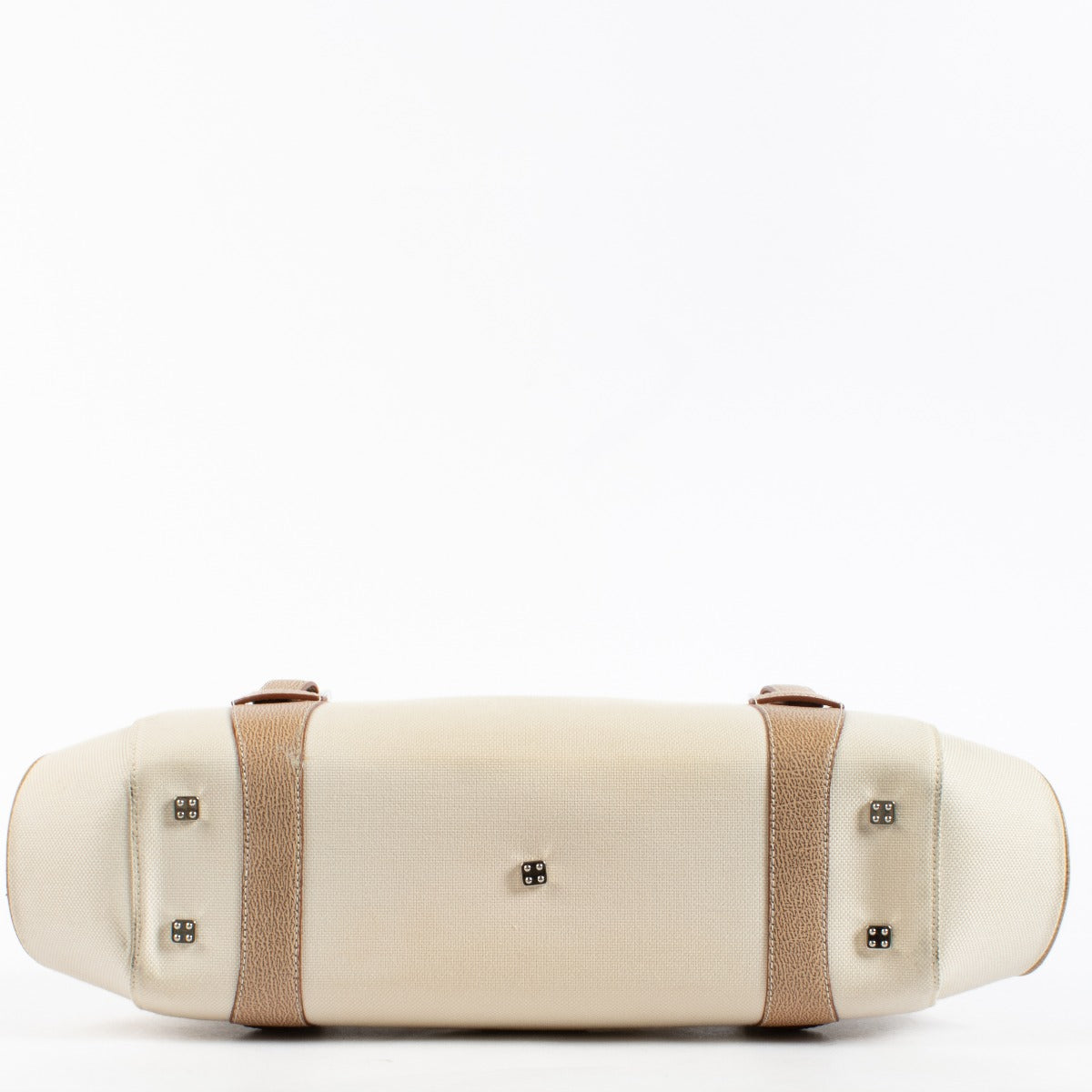 Loewe ecru canvas and leather vintage satchel bag with top handle at Labellov.com