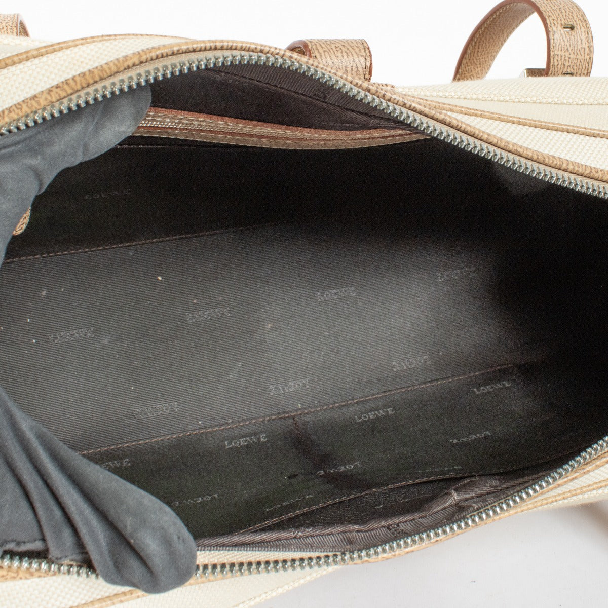 Loewe ecru canvas and leather vintage satchel bag with top handle at Labellov.com