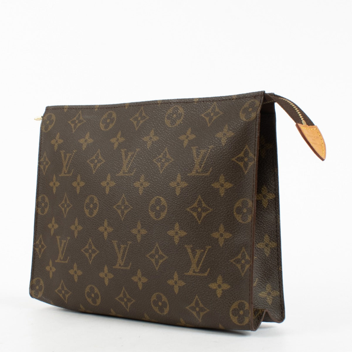 Louis Vuitton Monogram Toiletry Pouch in brown coated canvas with leather trim at Labellov.com