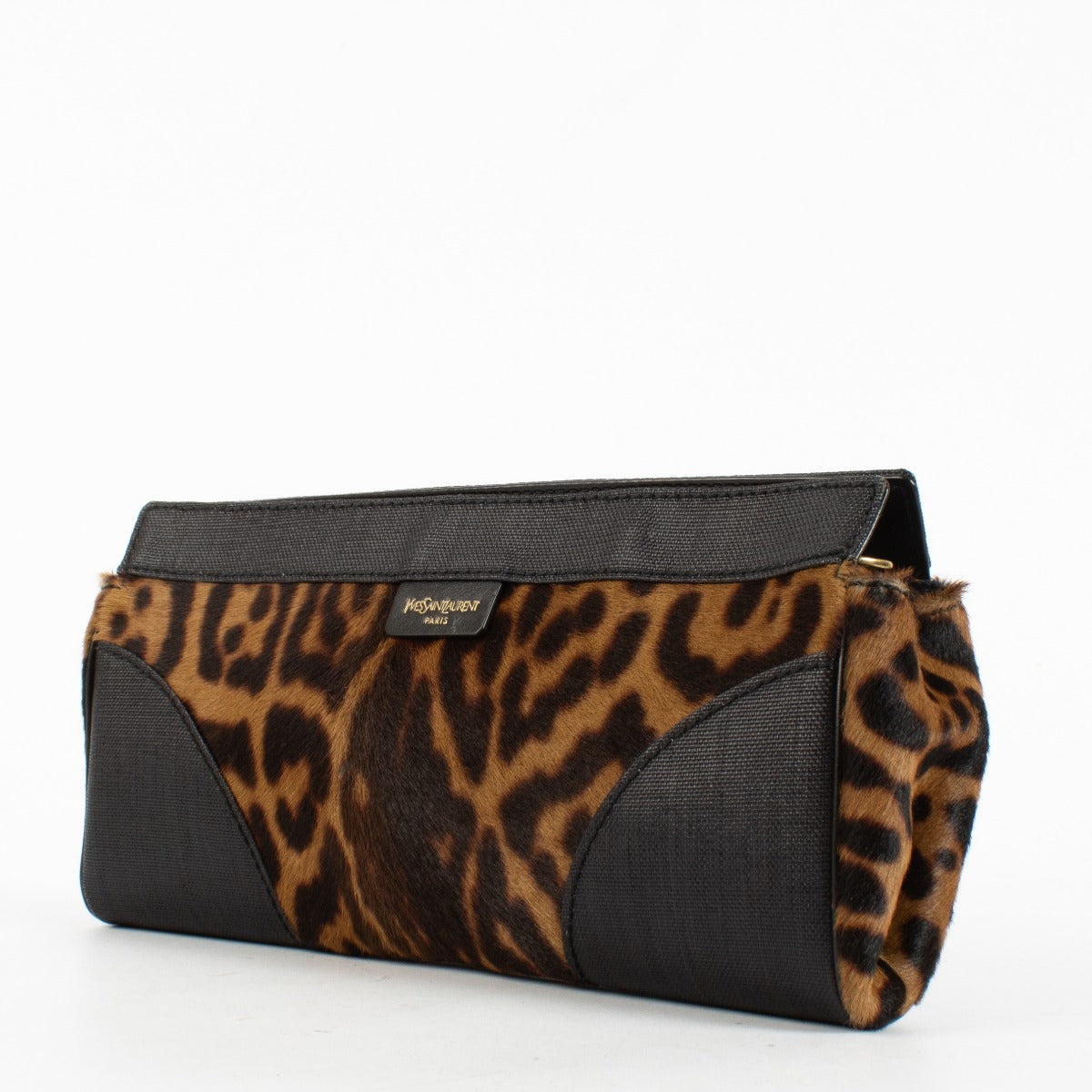 Saint Laurent Rive Gauche leopard pony hair clutch with gold-tone zipper hardware at Labellov.com