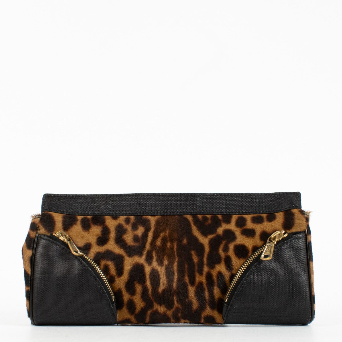 Saint Laurent Rive Gauche leopard pony hair clutch with gold-tone zipper hardware at Labellov.com