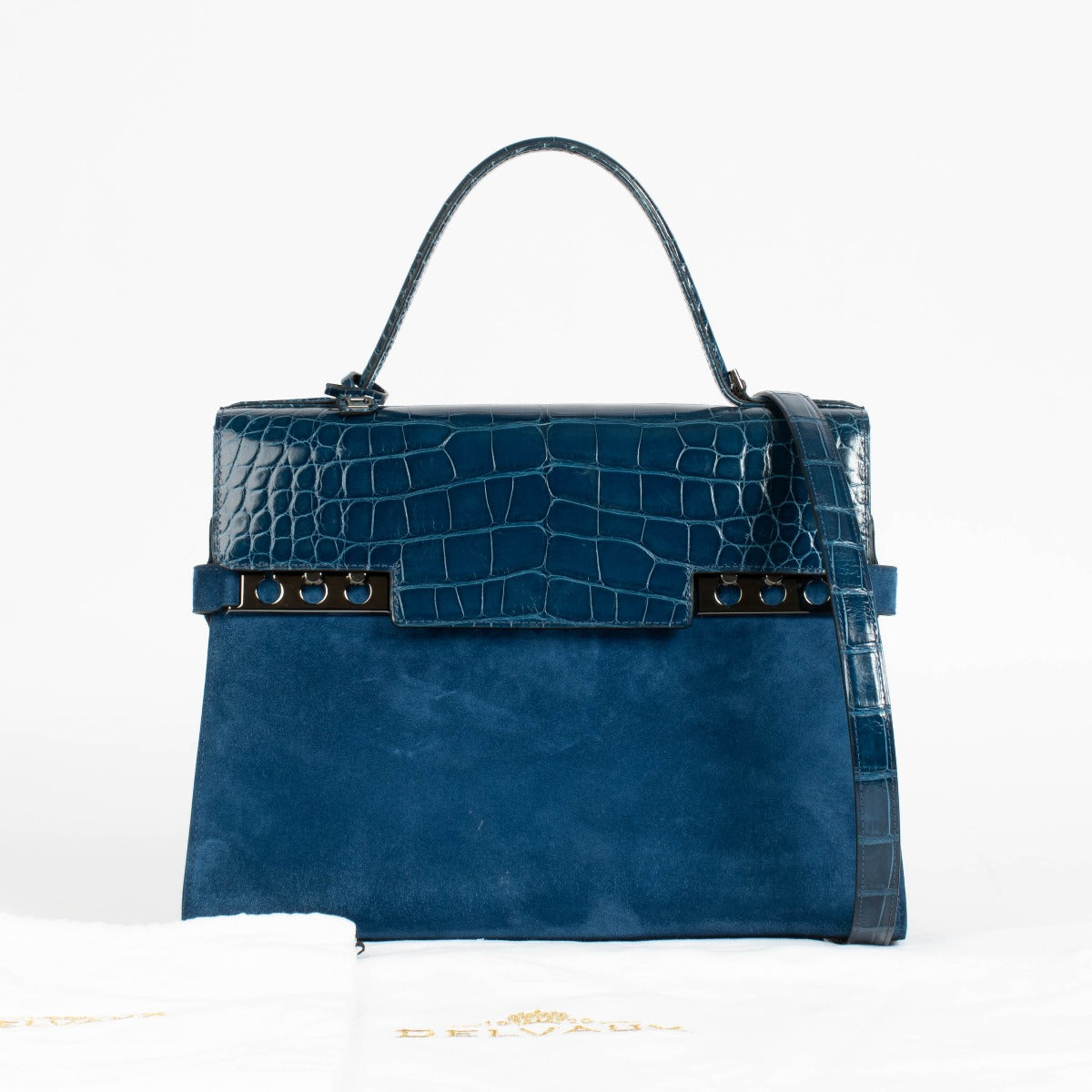 Authentic pre-loved Delvaux Bleu de Prusse Calf Velours/Shiny Alligator Tempête GM on Labellov.com