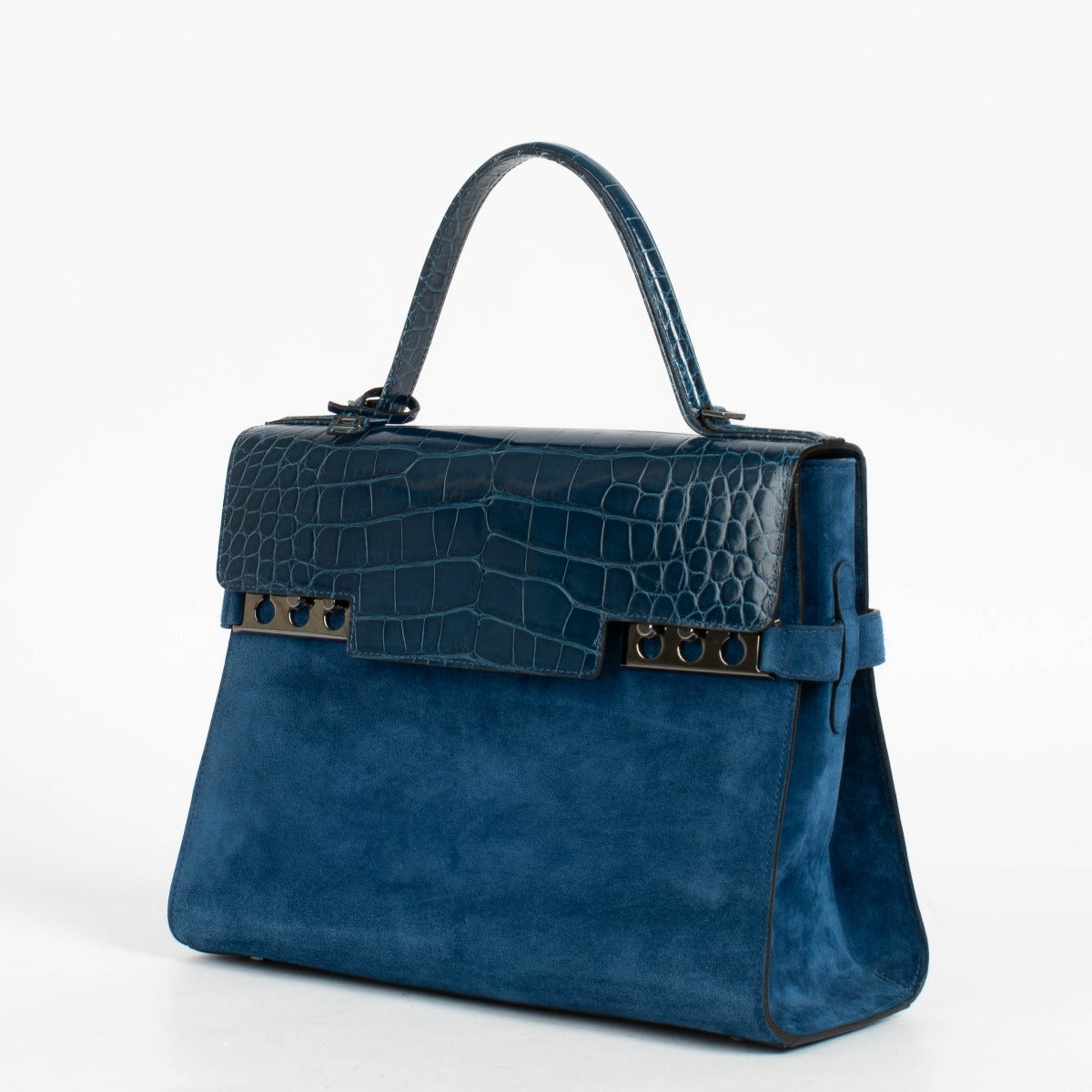 Authentic pre-loved Delvaux Bleu de Prusse Calf Velours/Shiny Alligator Tempête GM on Labellov.com