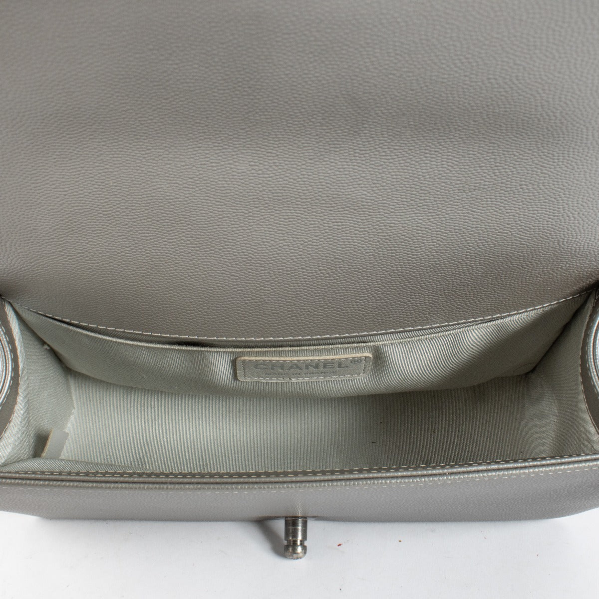 Chanel Silver Medium Boy Bag with quilted leather and aged hardware at Labellov.com