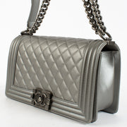 Chanel Silver Medium Boy Bag with quilted leather and aged hardware at Labellov.com