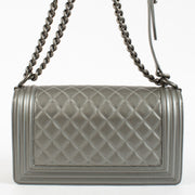 Chanel Silver Medium Boy Bag with quilted leather and aged hardware at Labellov.com