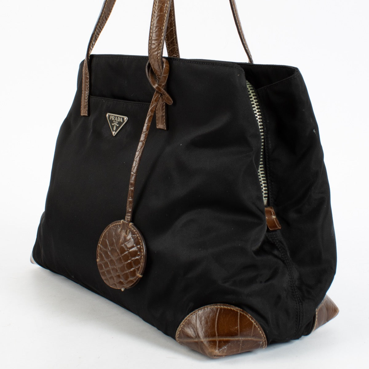 Authentic Second Hand Prada Black Nylon Crocodile Embossed Tote Bag on Labellov.com