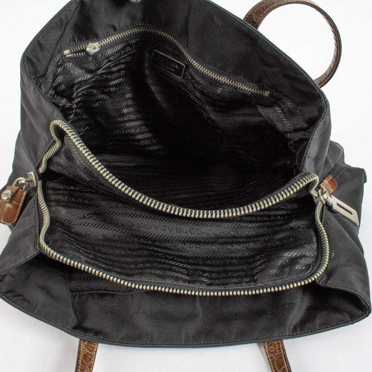 Authentic Second Hand Prada Black Nylon Crocodile Embossed Tote Bag on Labellov.com