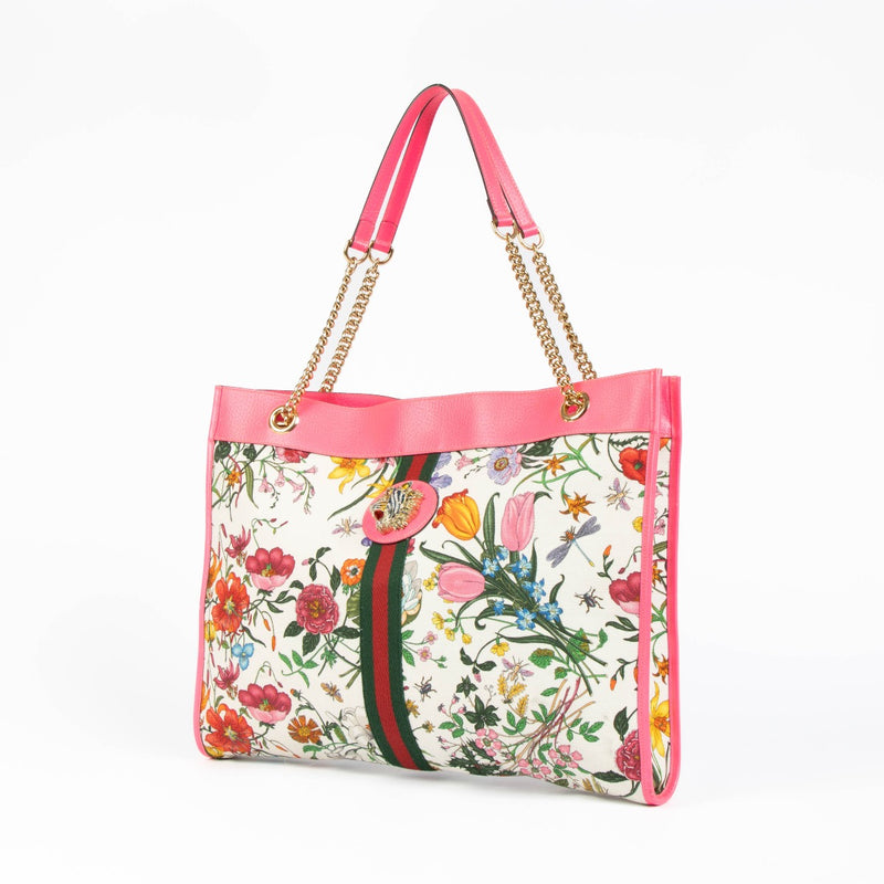 Authentic pre-loved Gucci Pink Floral Print Canvas Rajah Tote Bag on Labellov.com