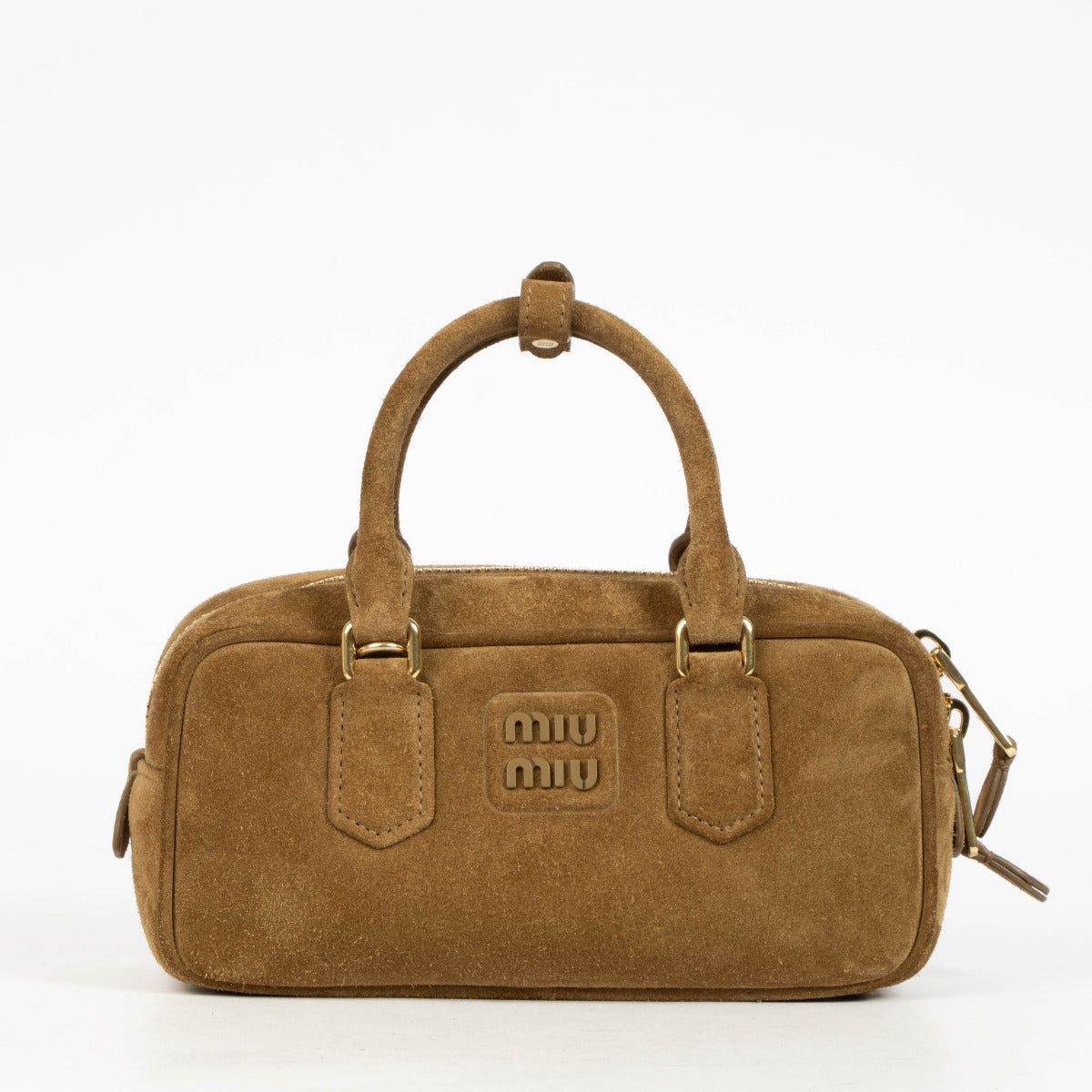 Authentic pre-loved Miu Miu Brown Suede Arcadie Top Handle Bag on Labellov.com