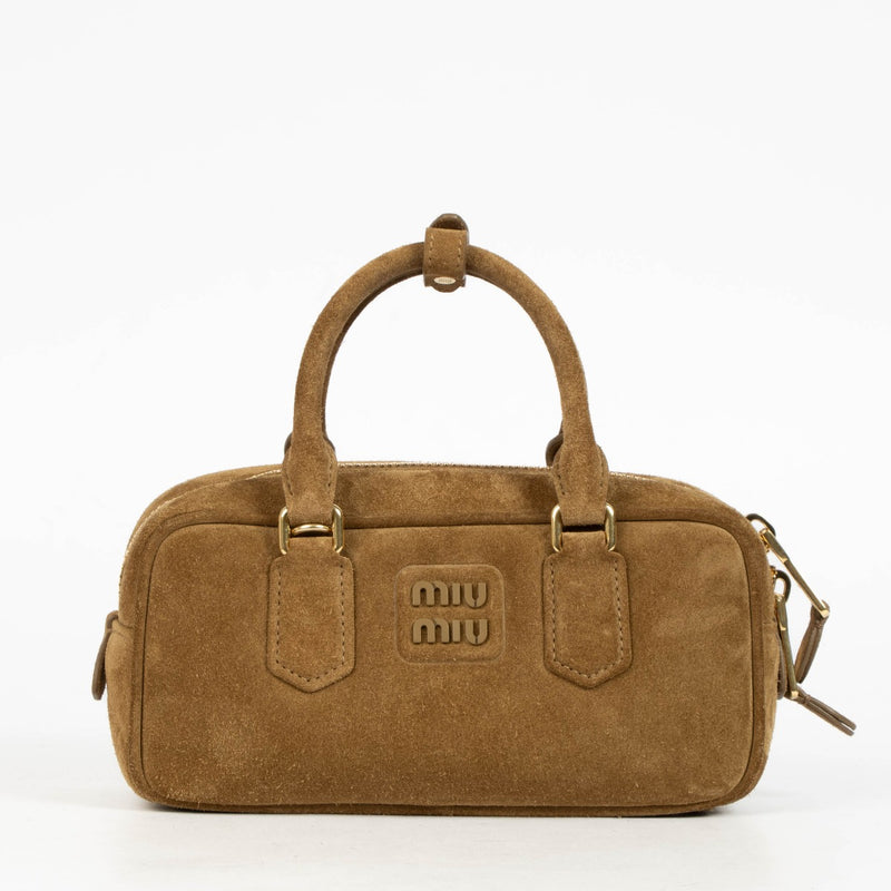 Authentic pre-loved Miu Miu Brown Suede Arcadie Top Handle Bag on Labellov.com