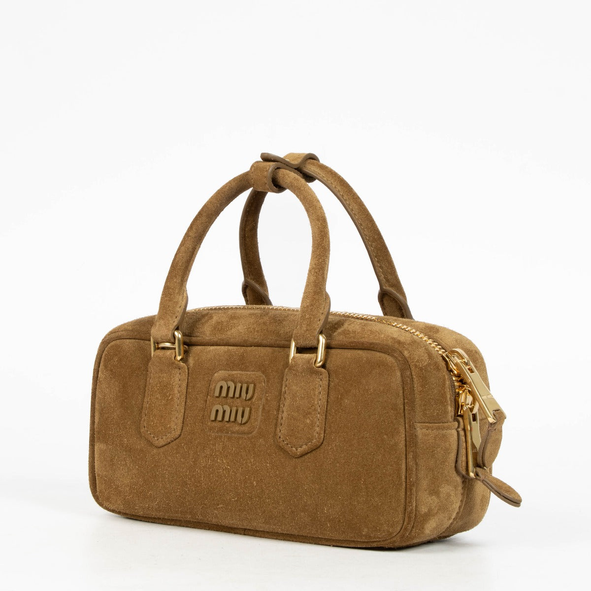 Authentic pre-loved Miu Miu Brown Suede Arcadie Top Handle Bag on Labellov.com