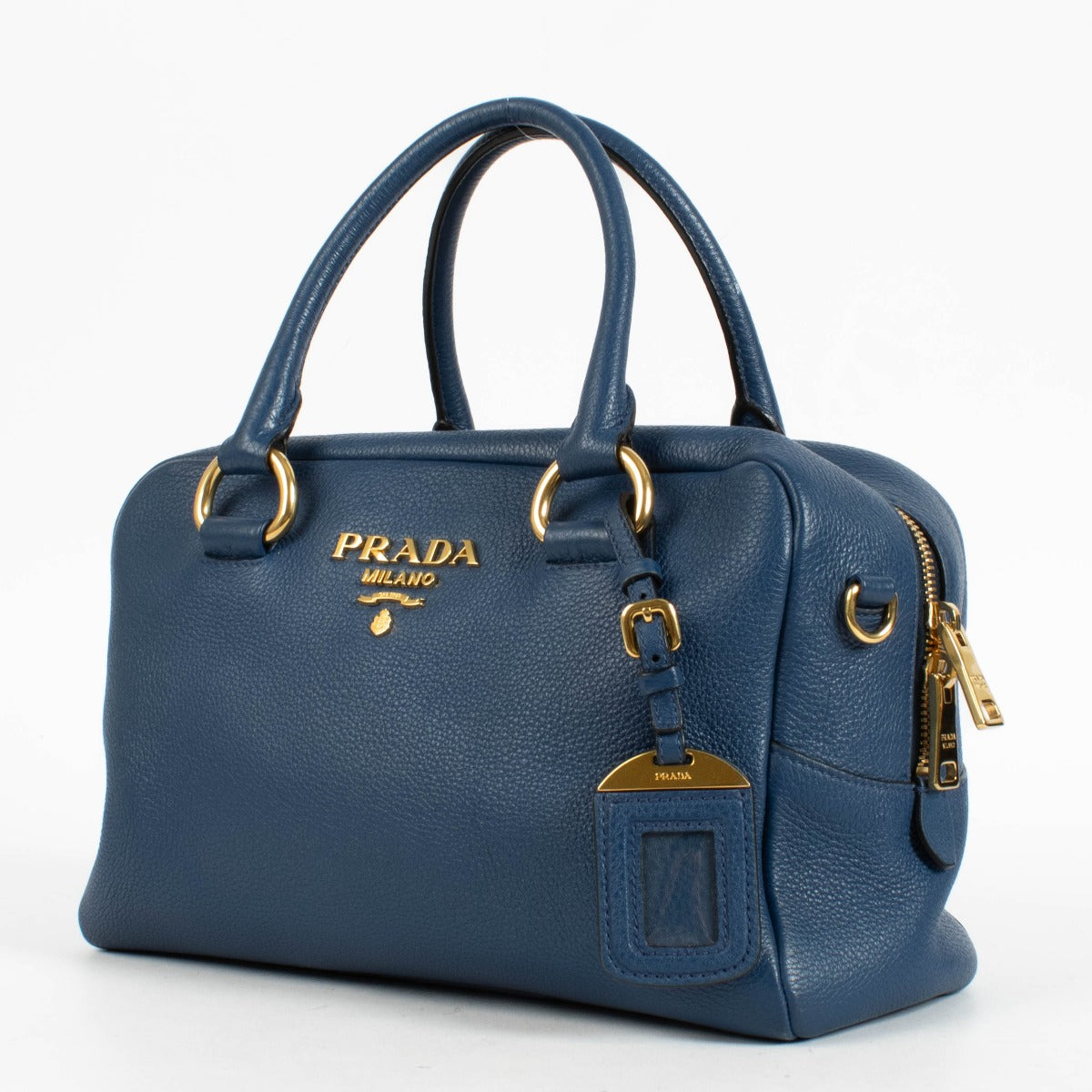 Authentic pre-loved Prada Blue Mini Vitello Phenix Bauletto Bag on Labellov.com