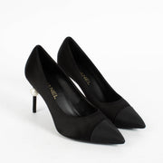Shop the authentic Chanel Black Satin Pearl Heel Pumps Size 39 on Labellov.com.