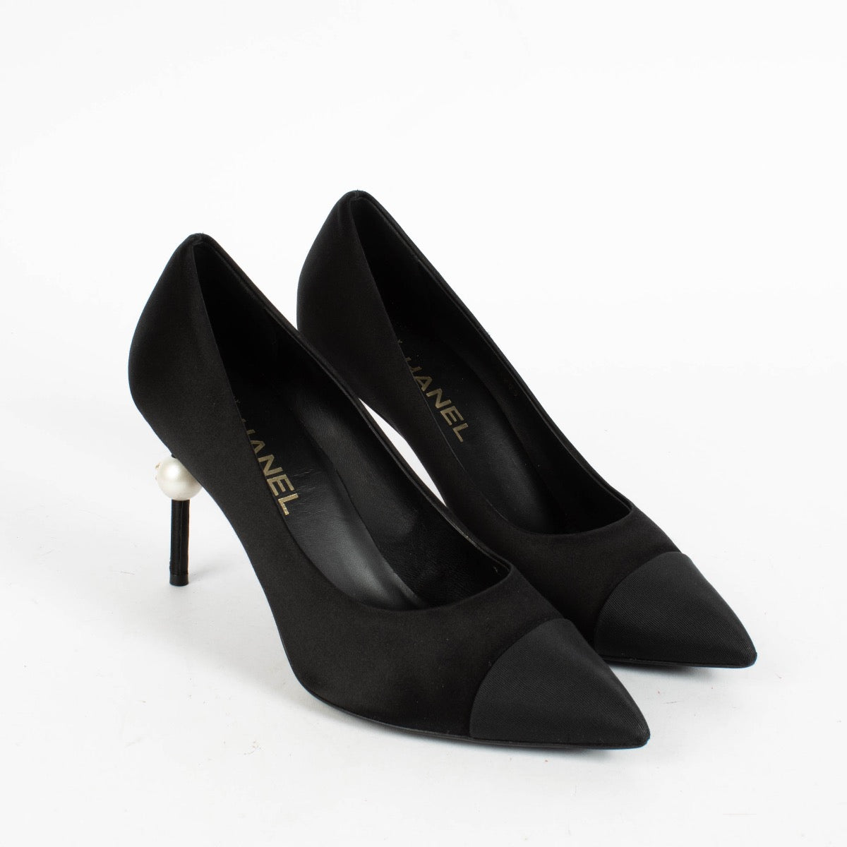 Shop the authentic Chanel Black Satin Pearl Heel Pumps Size 39 on Labellov.com.