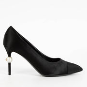 Shop the authentic Chanel Black Satin Pearl Heel Pumps Size 39 on Labellov.com.