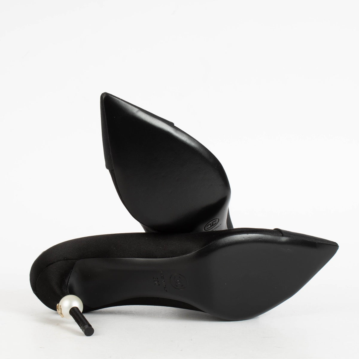 Shop the authentic Chanel Black Satin Pearl Heel Pumps Size 39 on Labellov.com.