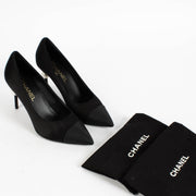 Shop the authentic Chanel Black Satin Pearl Heel Pumps Size 39 on Labellov.com.