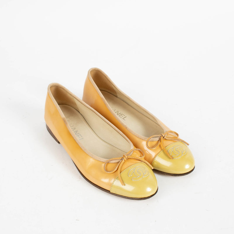 Authentic pre-loved Chanel Yellow Patent Leather Ballerina Flats - Size 37.5 on Labellov.com