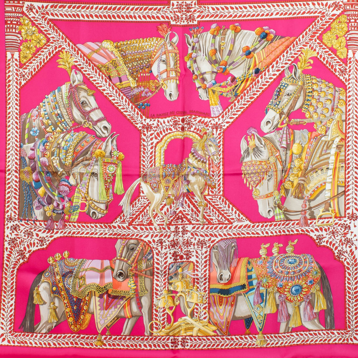 Are you looking for an authentic designer accessory? We buy and sell your preloved and brand new Hermès Pink Silk La Danse Du Cheval Marwari Carré 90 Scarf.