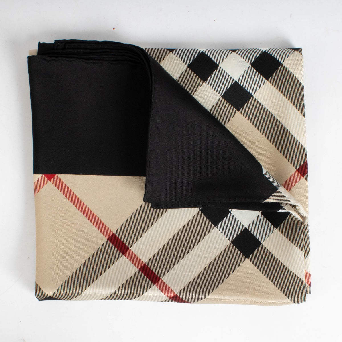Authentic pre-loved Burberry Black/Beige Silk Check 90 Square Scarf on Labellov.com