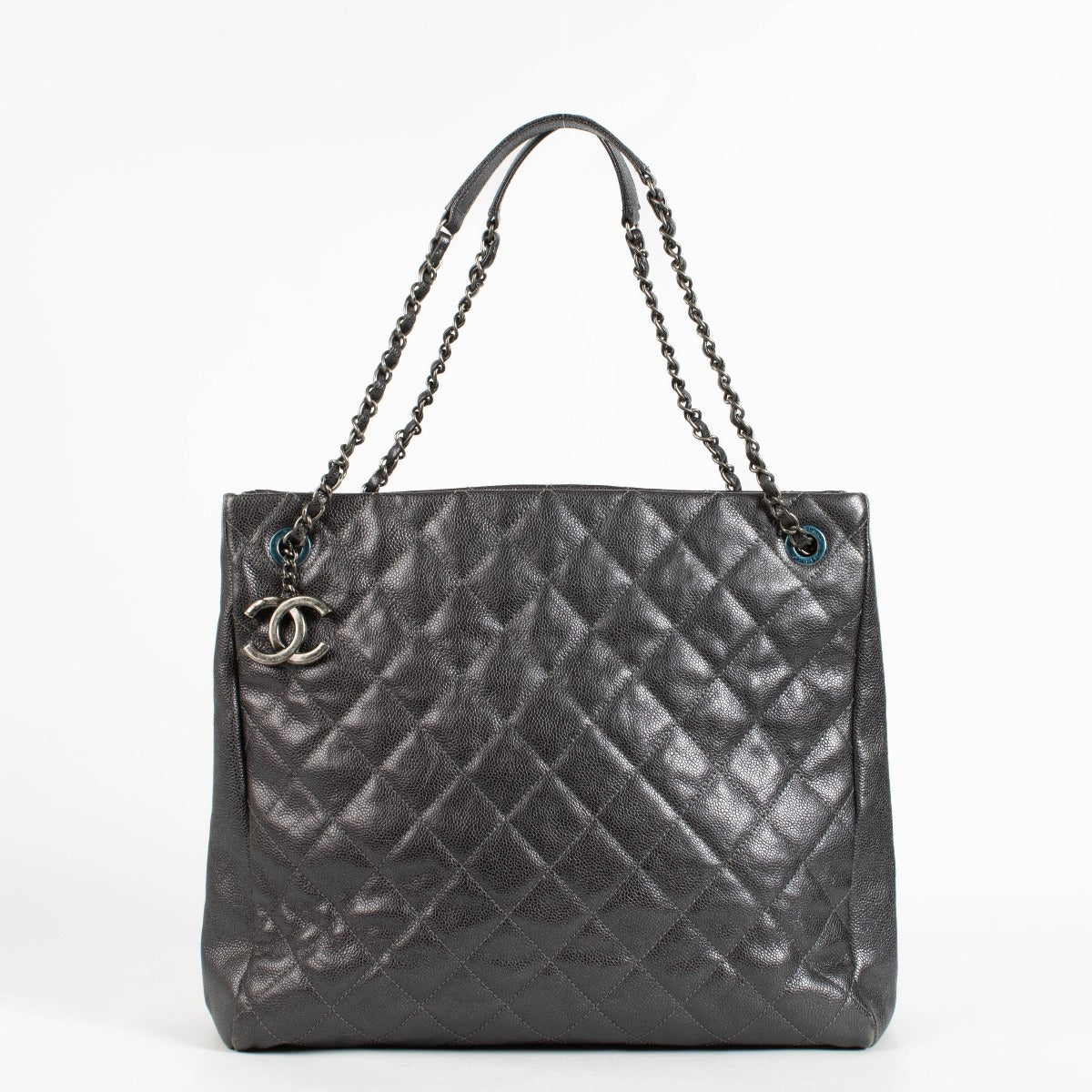 Authentic pre-loved Chanel Metallic Grey Quilted Caviar Leather Chic Shopper Tote on Labellov.com