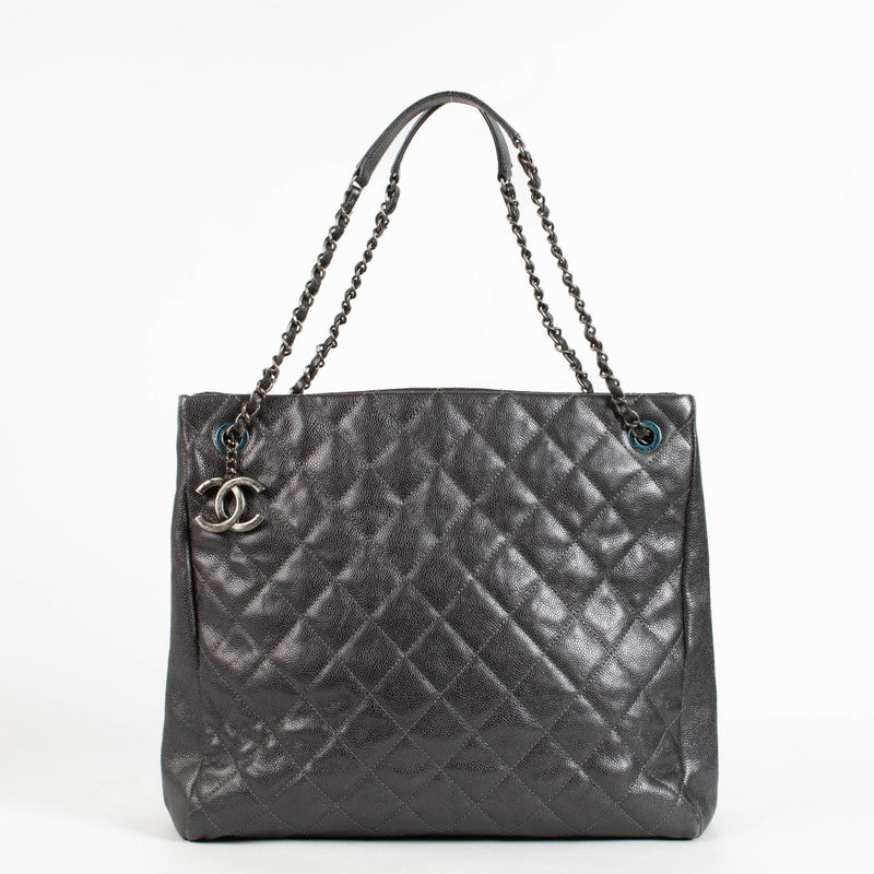 Authentic pre-loved Chanel Metallic Grey Quilted Caviar Leather Chic Shopper Tote on Labellov.com