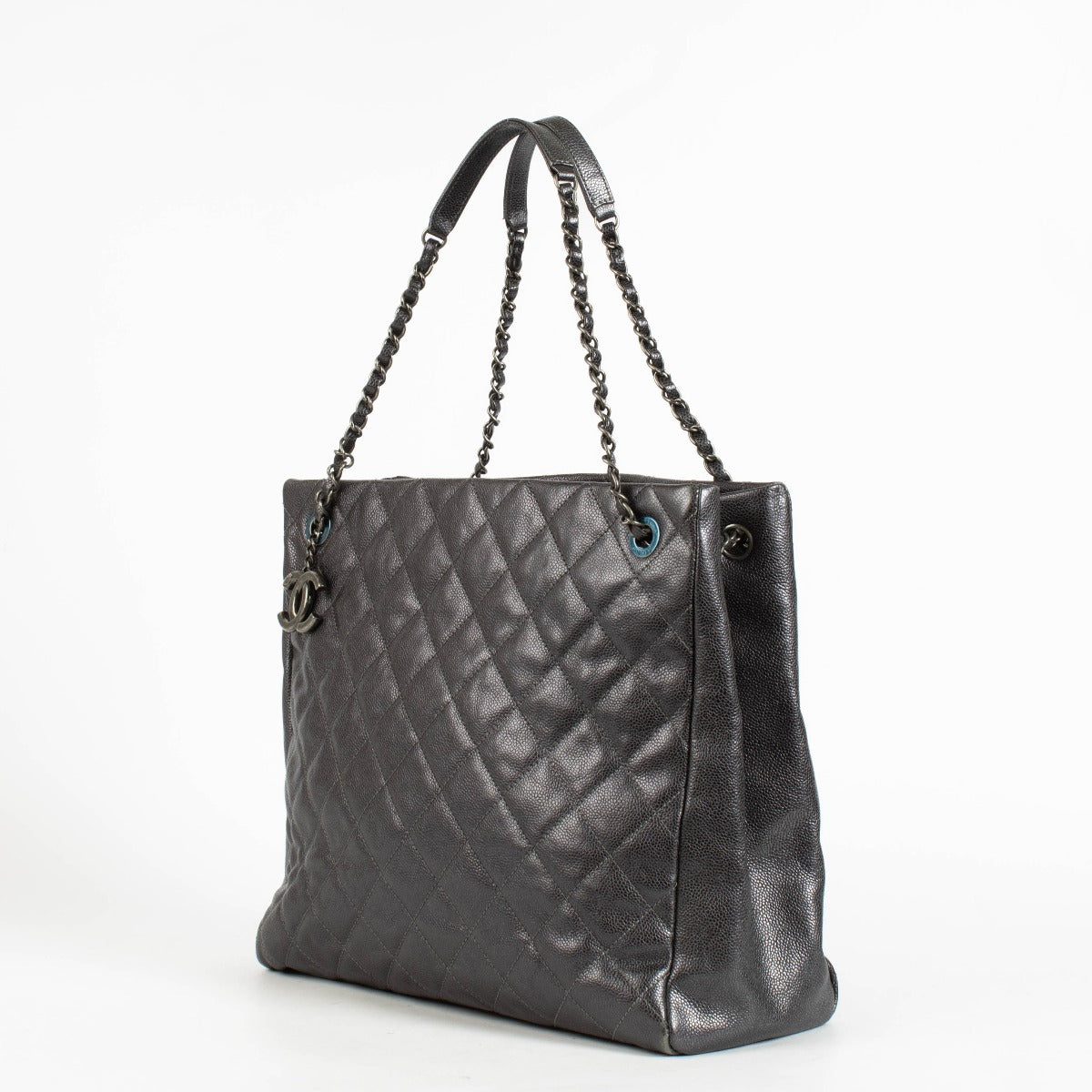 Authentic pre-loved Chanel Metallic Grey Quilted Caviar Leather Chic Shopper Tote on Labellov.com