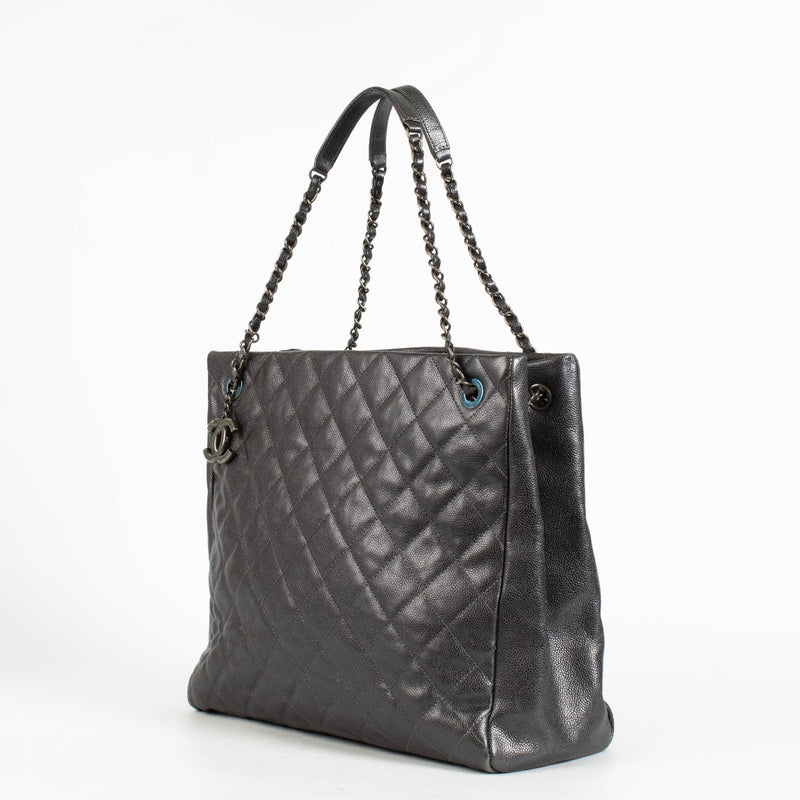 Authentic pre-loved Chanel Metallic Grey Quilted Caviar Leather Chic Shopper Tote on Labellov.com