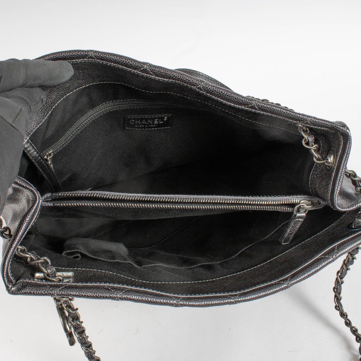 Authentic pre-loved Chanel Metallic Grey Quilted Caviar Leather Chic Shopper Tote on Labellov.com