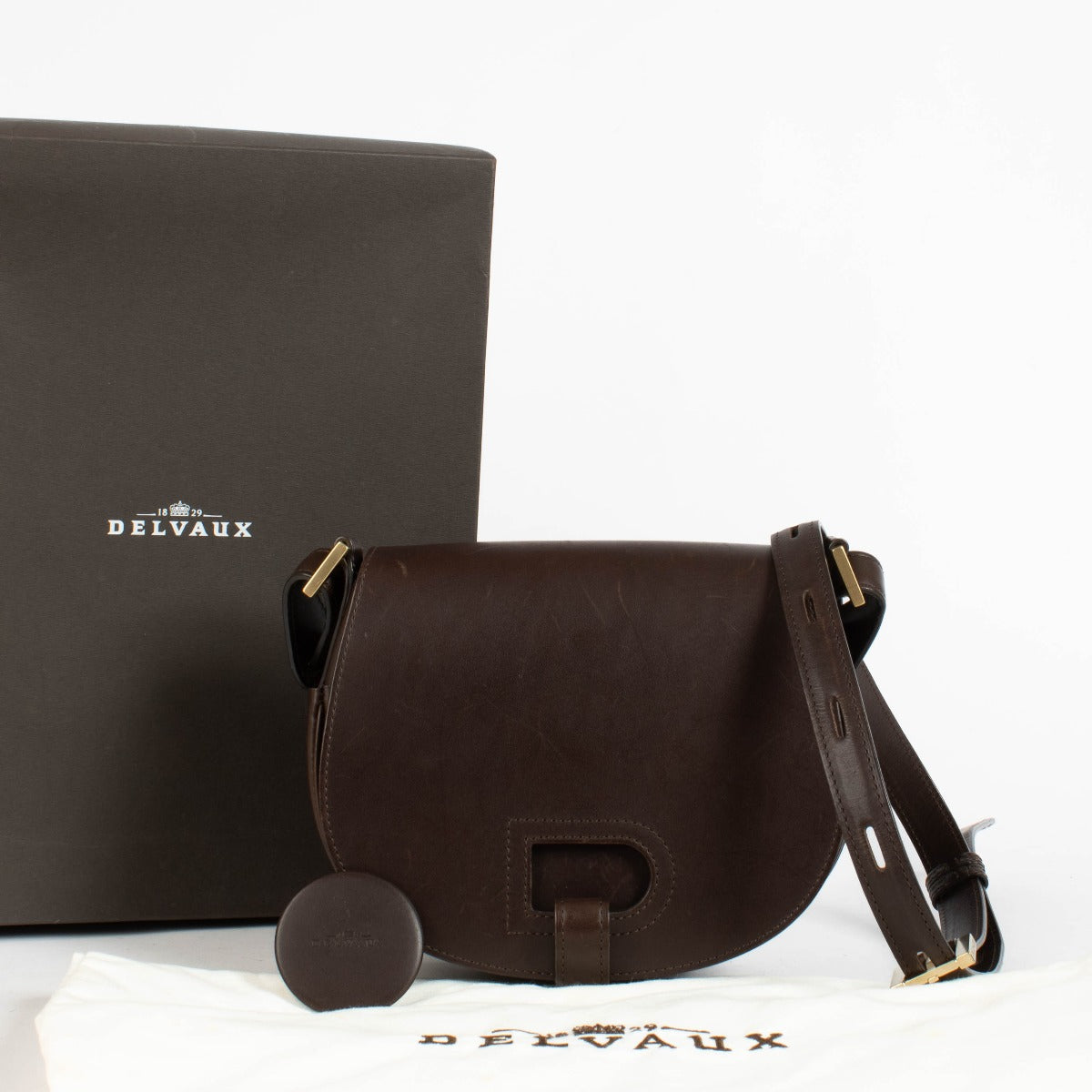 Authentic pre-loved Delvaux Chocolate Leather Brown Kate PM Crossbody Bag on Labellov.com.