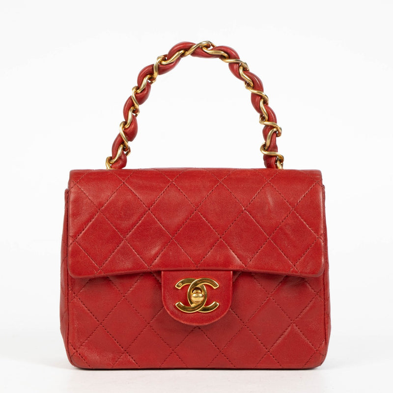 Authentic pre-loved Chanel Vintage Red Lambskin Mini Square Classic Flap Bag on Labellov.com