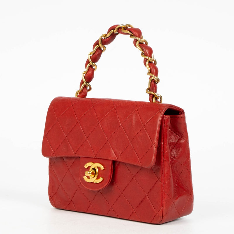 Authentic pre-loved Chanel Vintage Red Lambskin Mini Square Classic Flap Bag on Labellov.com