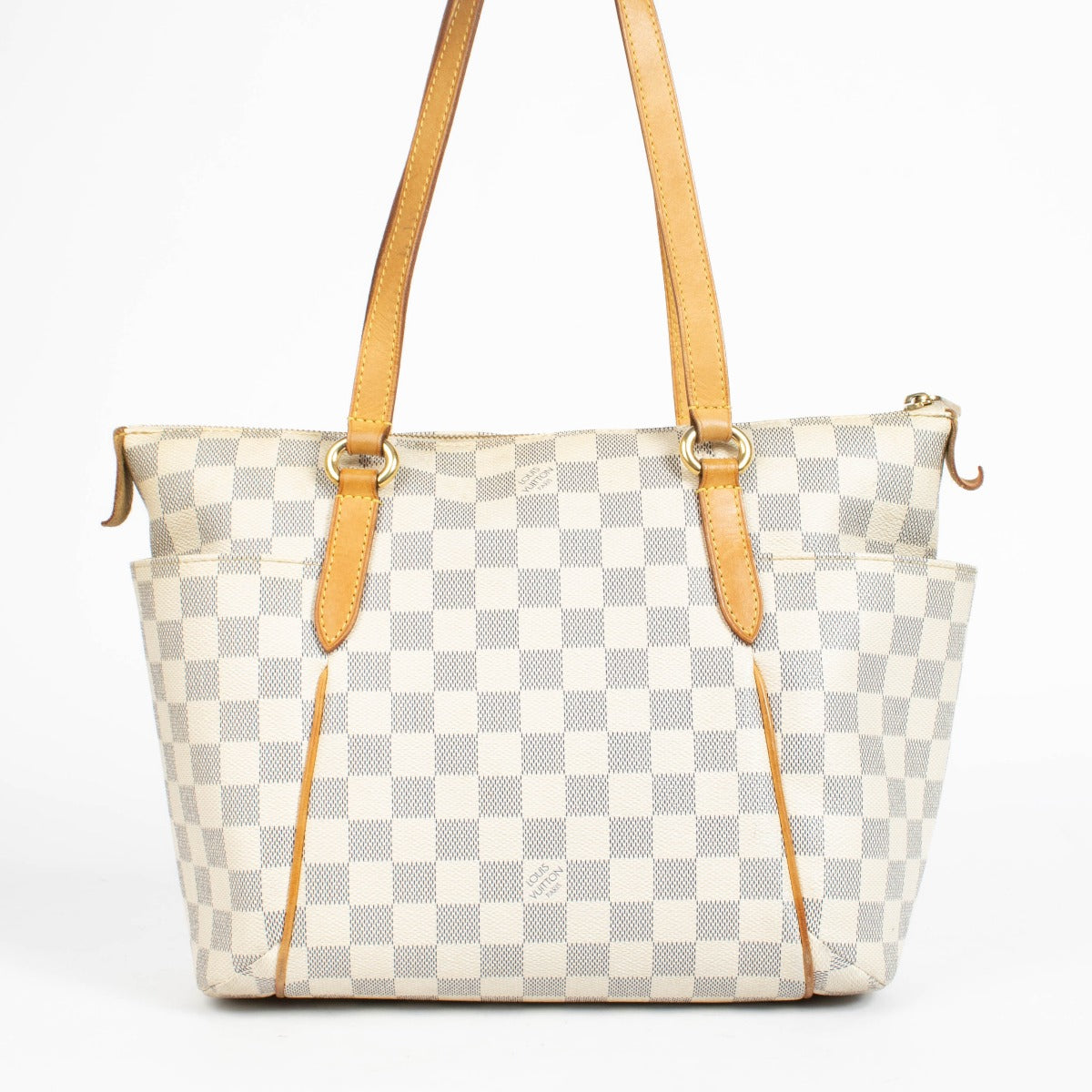 Pre-owned Louis Vuitton Totally PM tote in Damier Azur canvas with Vachetta leather trim and gold-tone hardware.