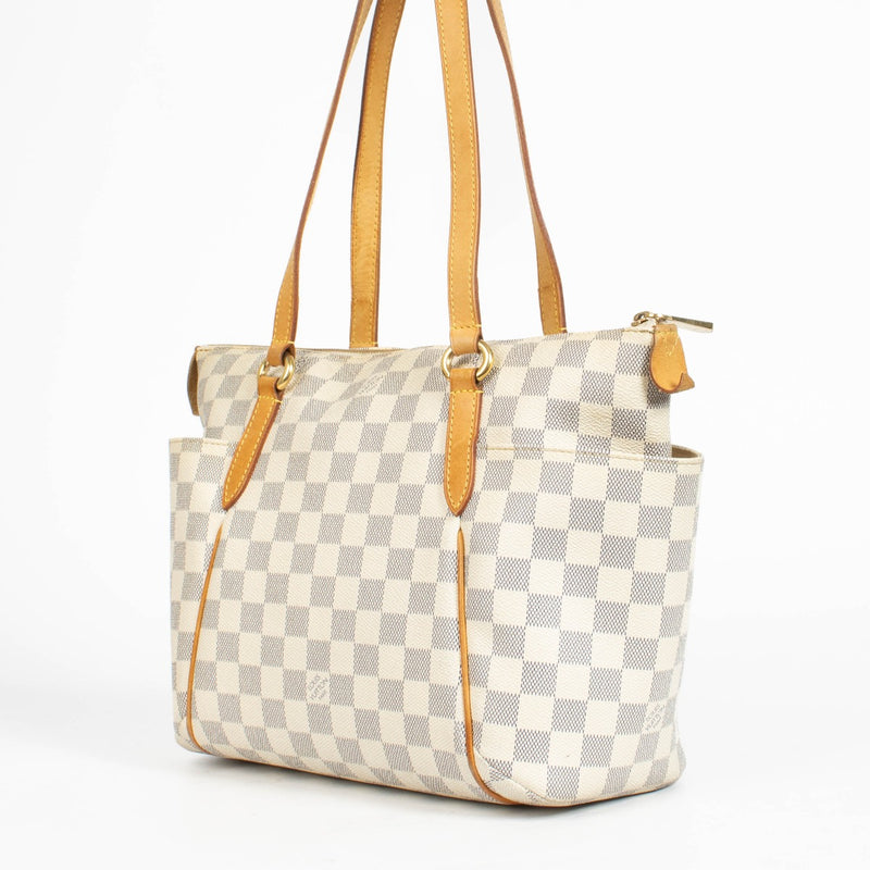 Pre-owned Louis Vuitton Totally PM tote in Damier Azur canvas with Vachetta leather trim and gold-tone hardware.