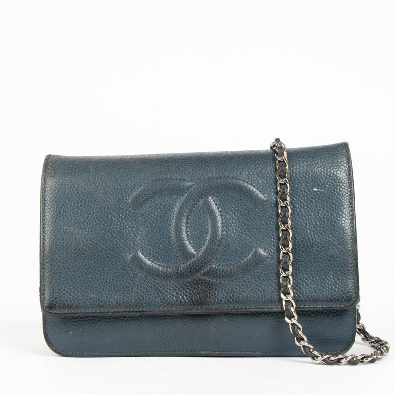 Authentic pre-loved Chanel Blue Caviar Leather Timeless CC Wallet On Chain Crossbody Bag on Labellov.com