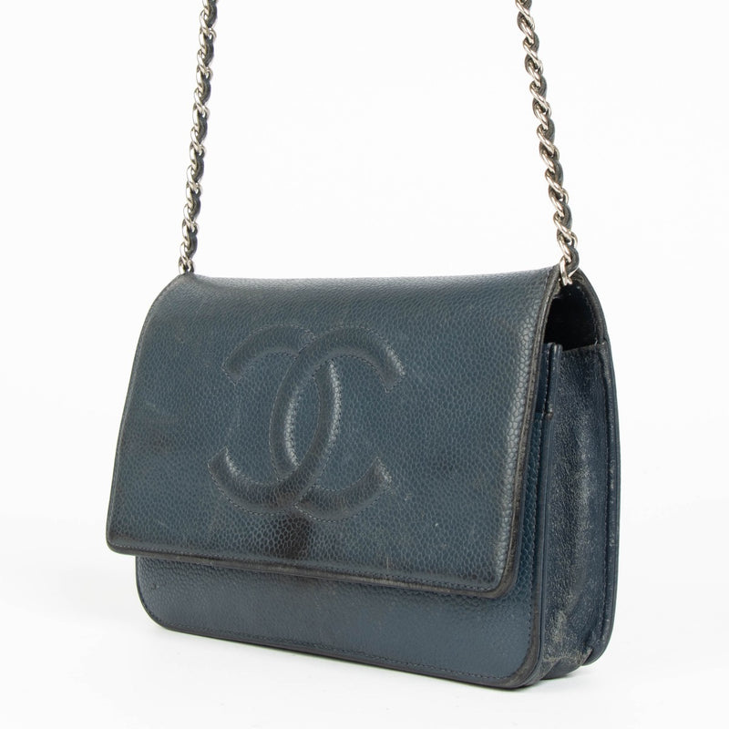 Authentic pre-loved Chanel Blue Caviar Leather Timeless CC Wallet On Chain Crossbody Bag on Labellov.com