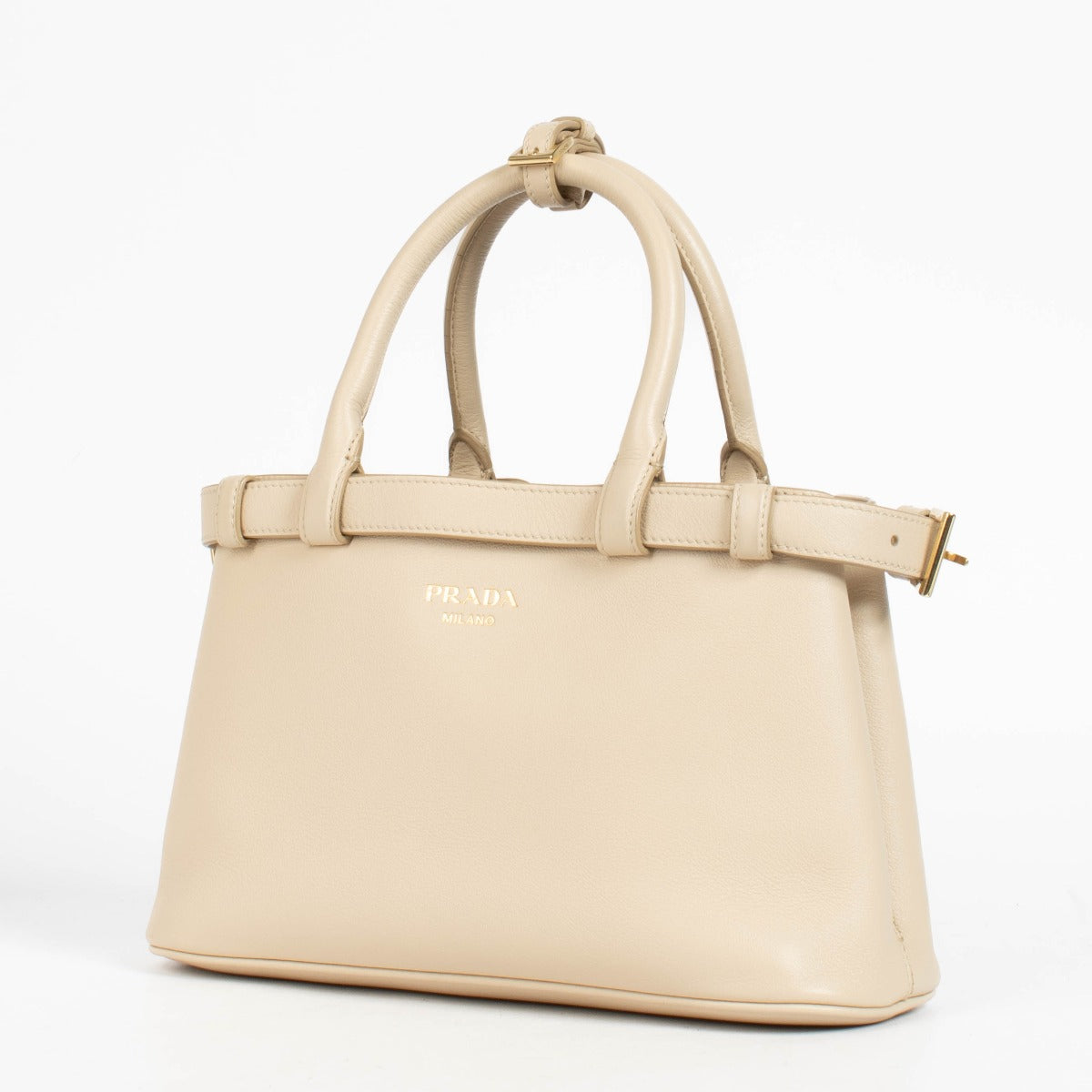 Authentic pre-loved Prada Travetine Leather Small Buckle Double Belt Bag on Labellov.com