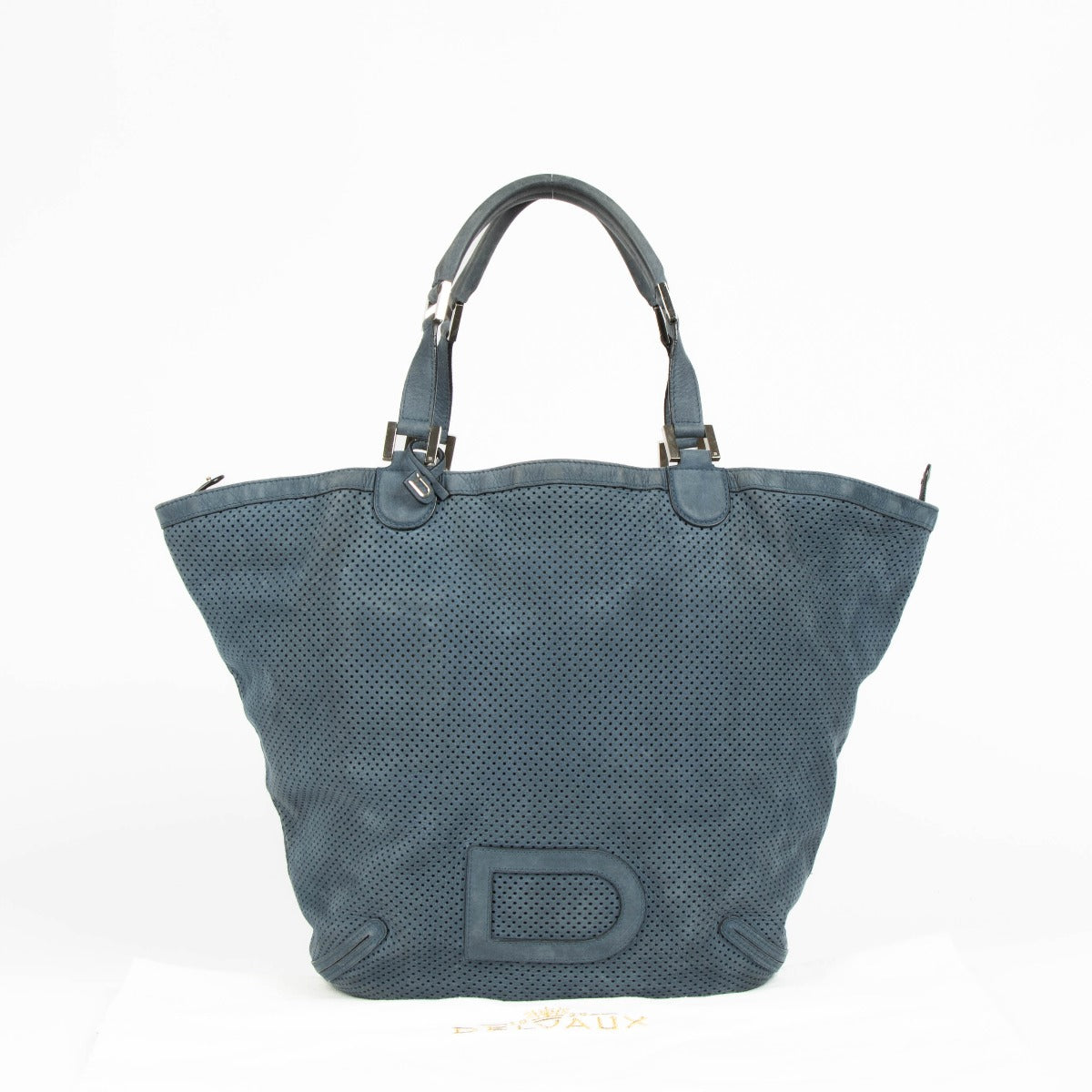 Authentic pre-loved Delvaux Bleu Perforated Leather Louise Cabas Top Handle Bag on Labellov.com