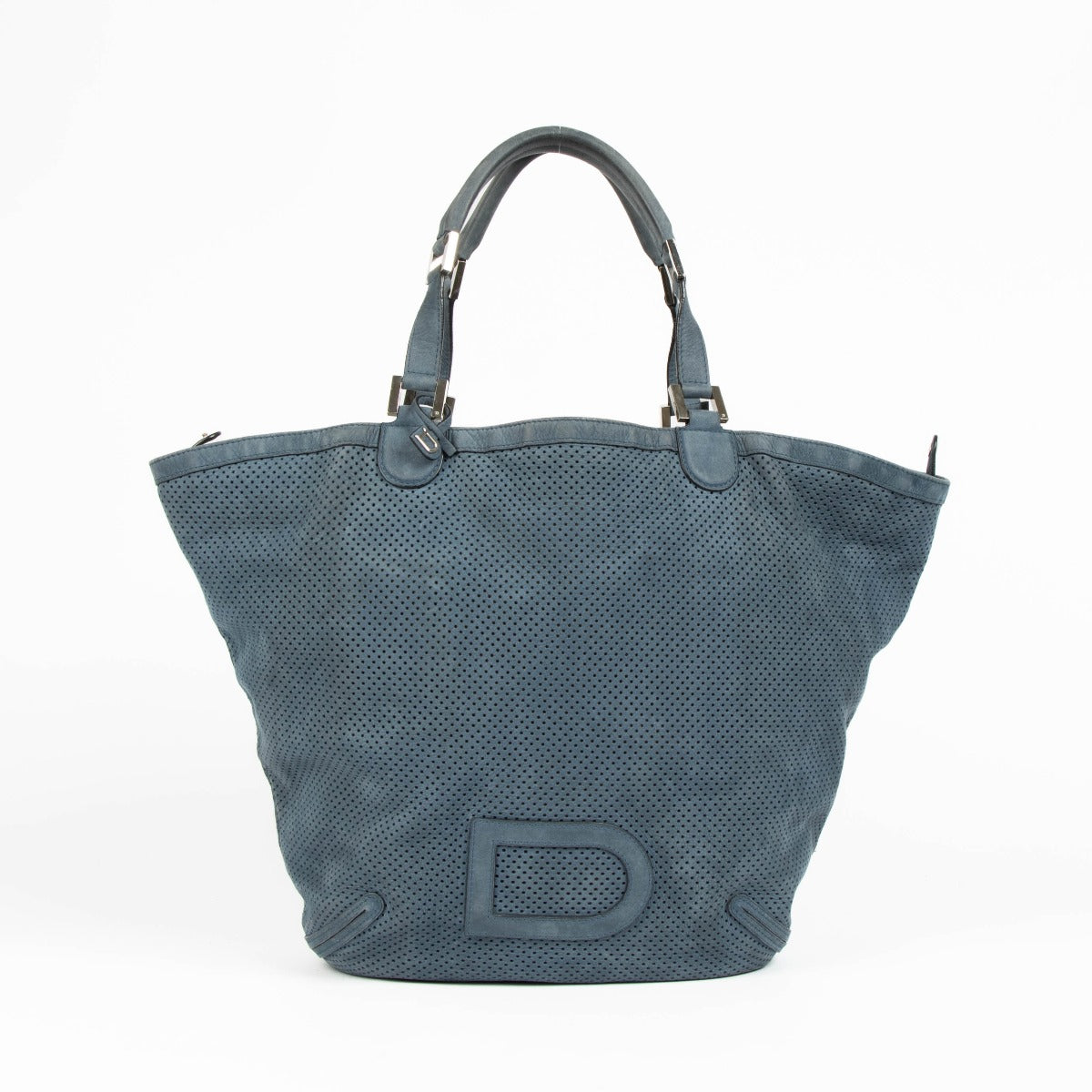 Authentic pre-loved Delvaux Bleu Perforated Leather Louise Cabas Top Handle Bag on Labellov.com