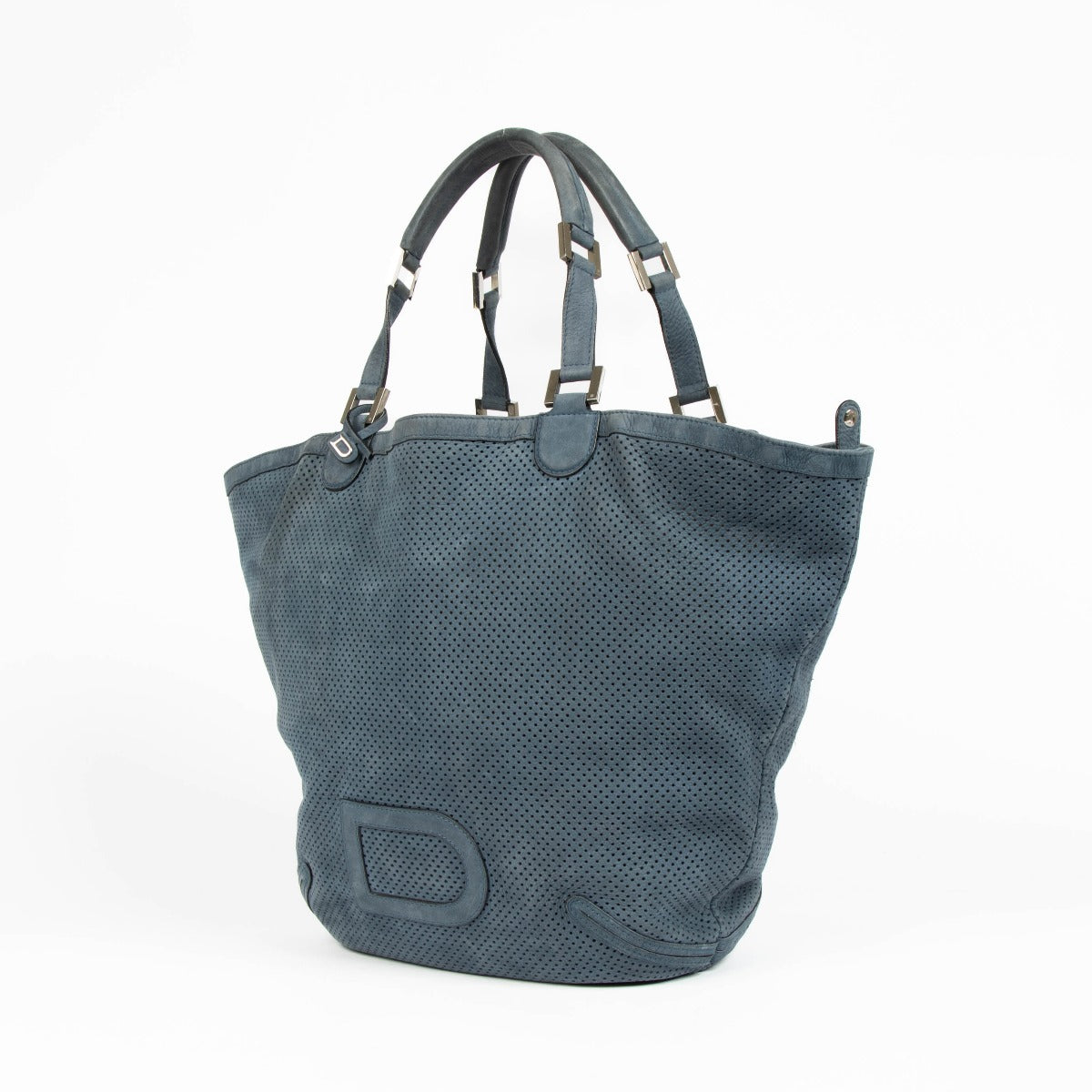 Authentic pre-loved Delvaux Bleu Perforated Leather Louise Cabas Top Handle Bag on Labellov.com
