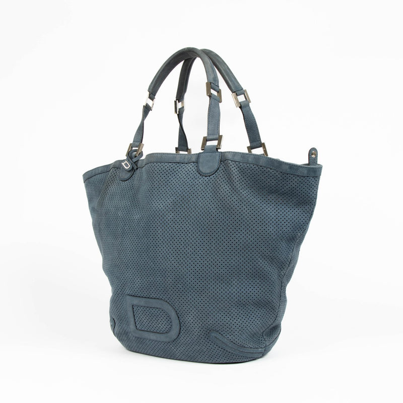 Authentic pre-loved Delvaux Bleu Perforated Leather Louise Cabas Top Handle Bag on Labellov.com