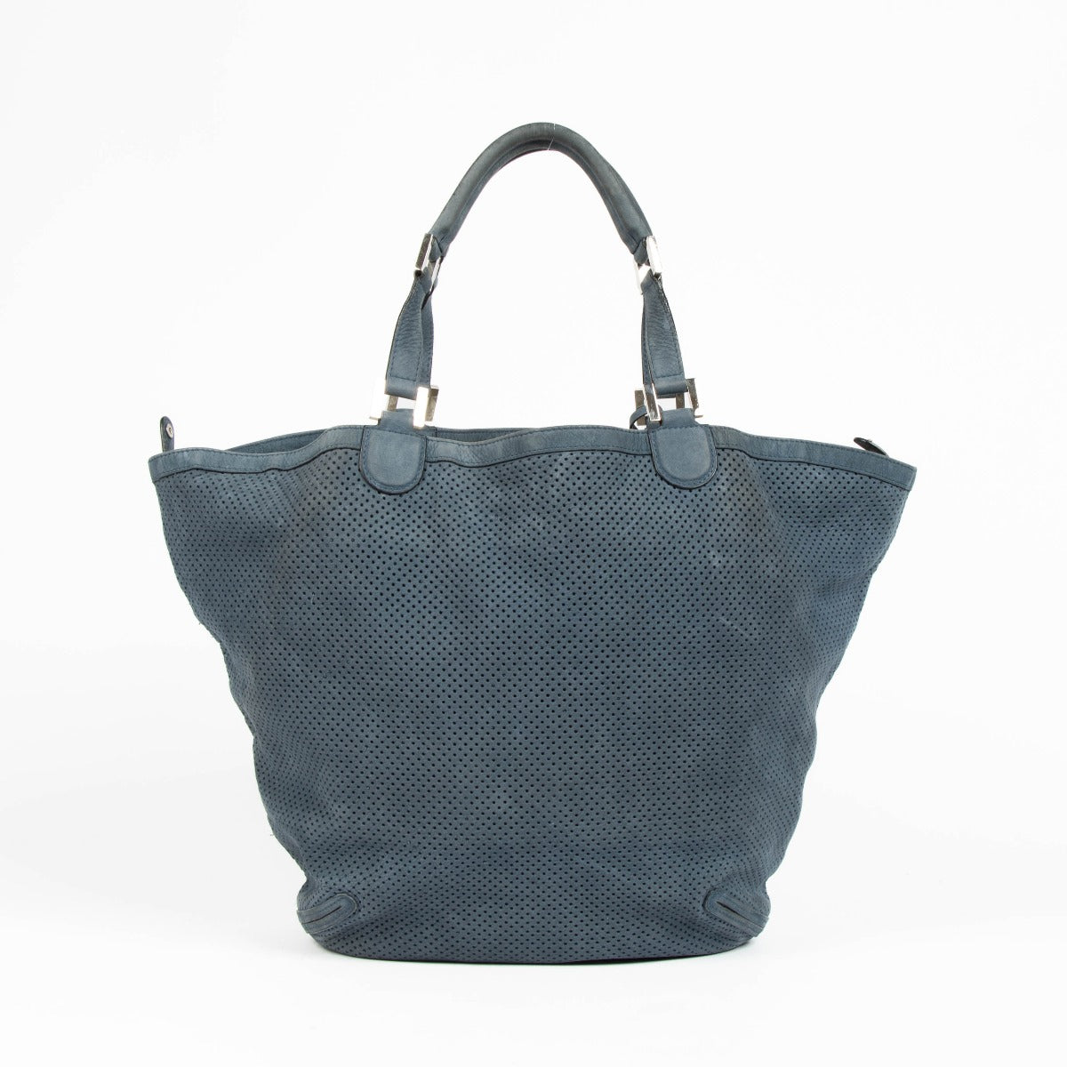 Authentic pre-loved Delvaux Bleu Perforated Leather Louise Cabas Top Handle Bag on Labellov.com