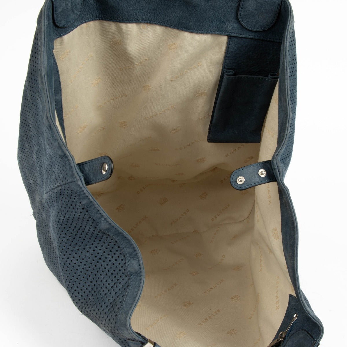 Authentic pre-loved Delvaux Bleu Perforated Leather Louise Cabas Top Handle Bag on Labellov.com