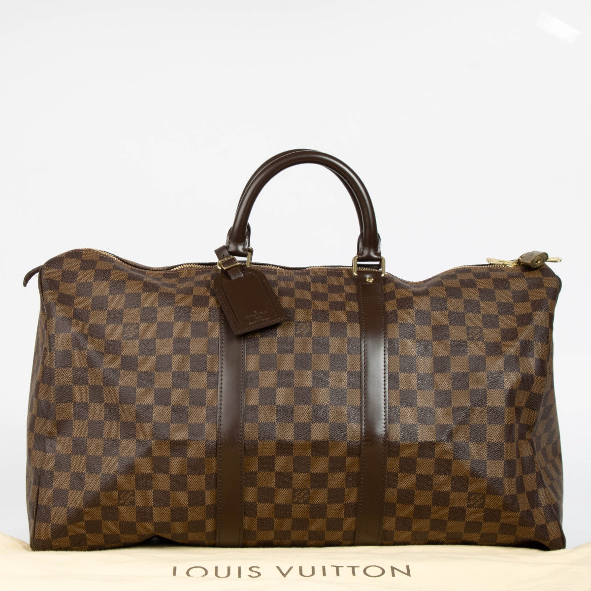 Shop the authentic Louis Vuitton Brown Damier Ebene Keepall Bandoulière 50 second hand on Labellov.com